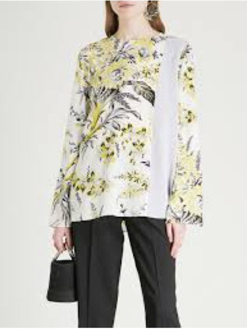 Diane Von Furstenberg White Yellow & Black Floral Contrast Panel Blouse Size 12